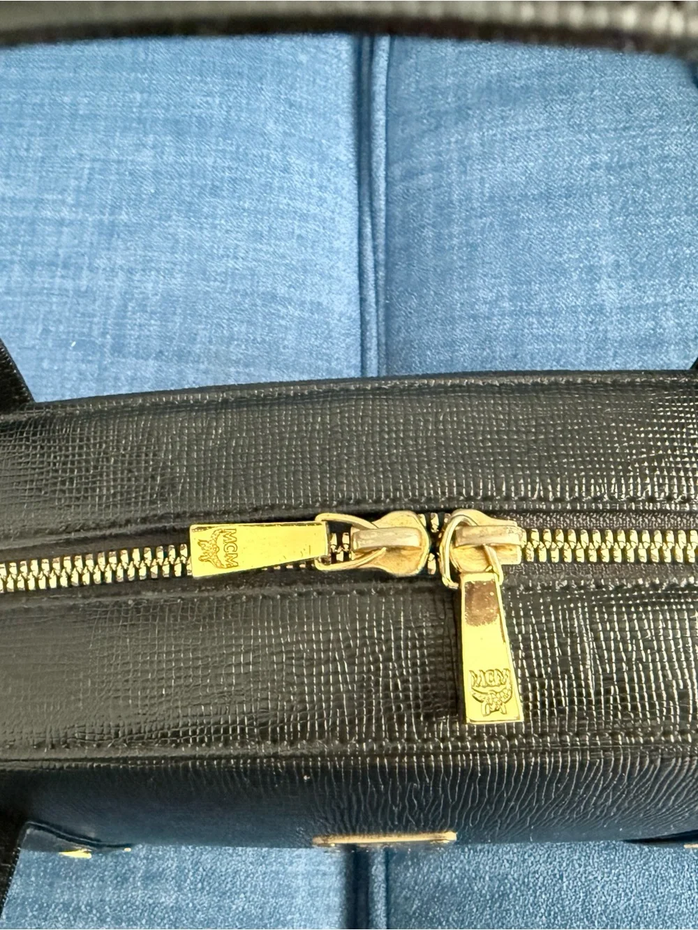MCM Black Textured Leather Dome Satchel with Gold Accents